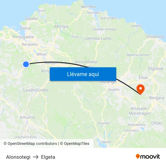 Alonsotegi to Elgeta map