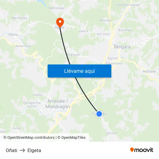 Oñati to Elgeta map