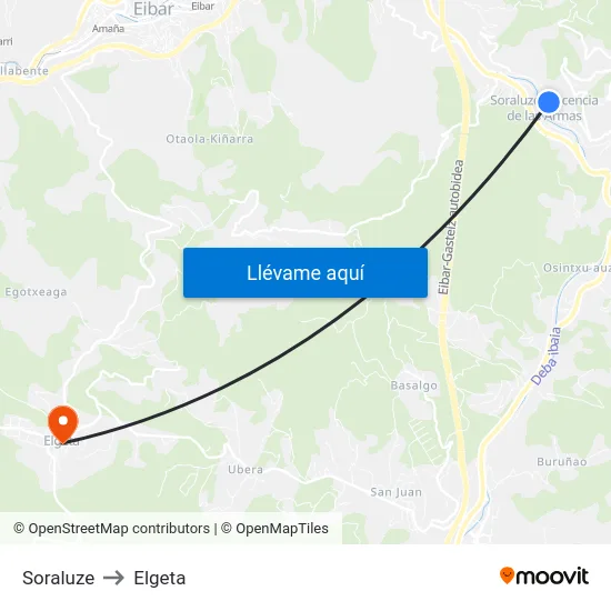 Soraluze to Elgeta map