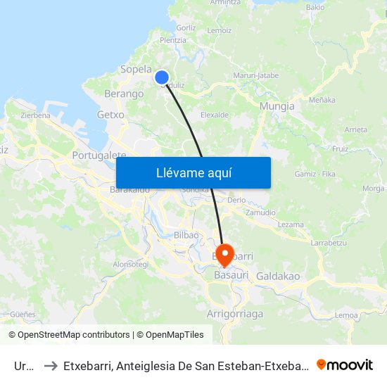 Urduliz to Etxebarri, Anteiglesia De San Esteban-Etxebarri Doneztebeko Elizatea map