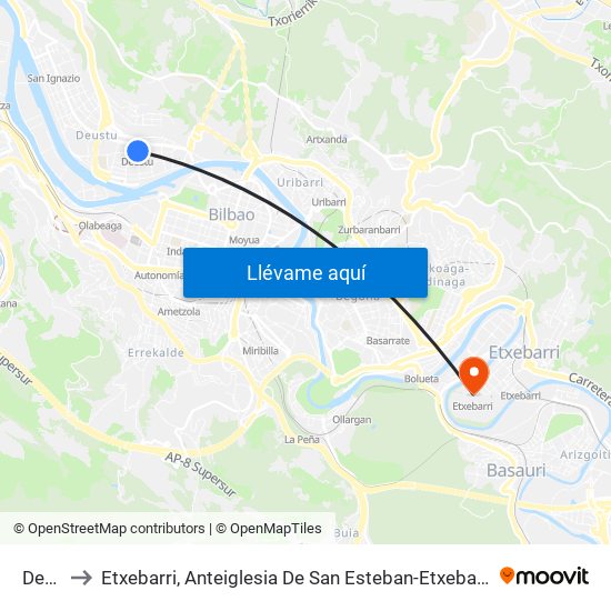 Deusto to Etxebarri, Anteiglesia De San Esteban-Etxebarri Doneztebeko Elizatea map