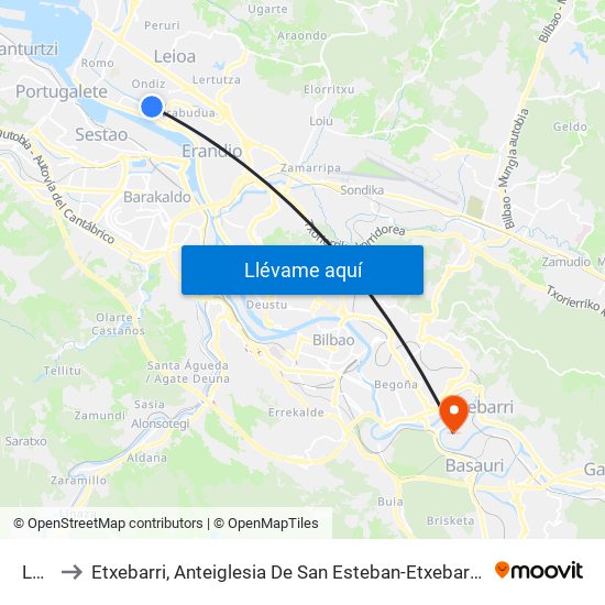 Leioa to Etxebarri, Anteiglesia De San Esteban-Etxebarri Doneztebeko Elizatea map