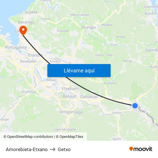 Amorebieta-Etxano to Getxo map