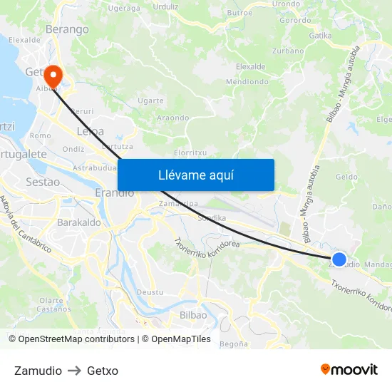 Zamudio to Getxo map