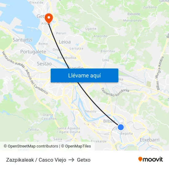 Zazpikaleak / Casco Viejo to Getxo map