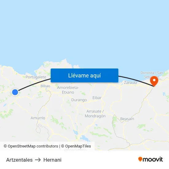 Artzentales to Hernani map