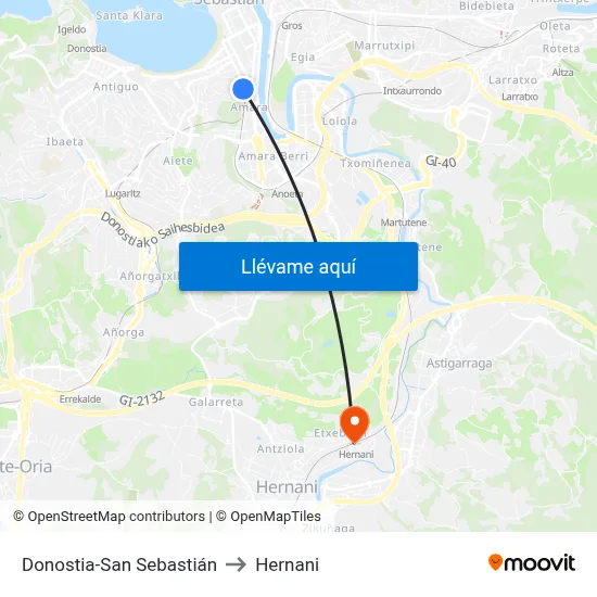 Donostia-San Sebastián to Hernani map