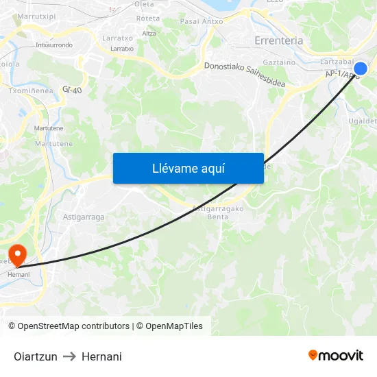 Oiartzun to Hernani map