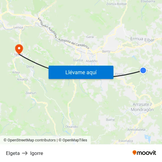 Elgeta to Igorre map