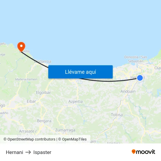 Hernani to Ispaster map