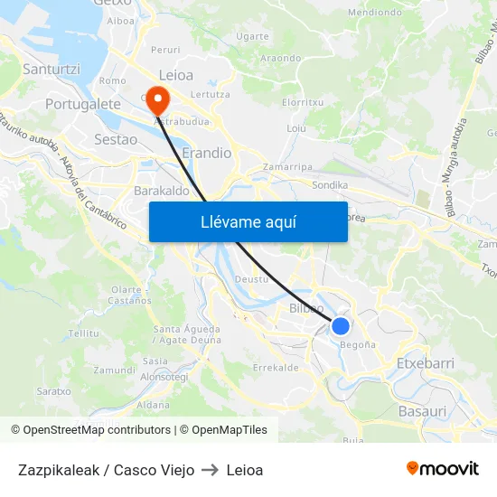 Zazpikaleak / Casco Viejo to Leioa map