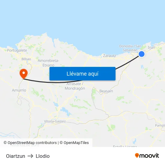 Oiartzun to Llodio map