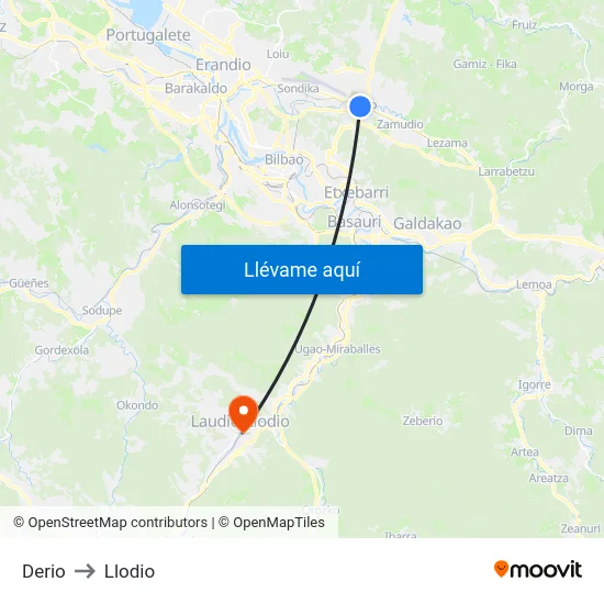 Derio to Llodio map
