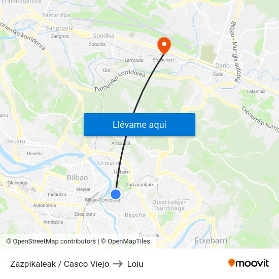 Zazpikaleak / Casco Viejo to Loiu map