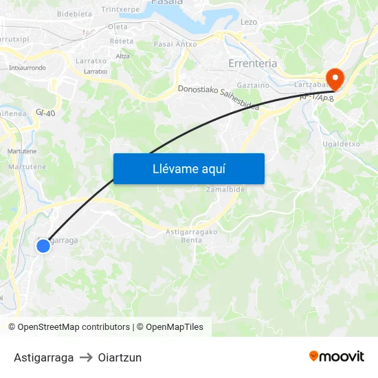 Astigarraga to Oiartzun map