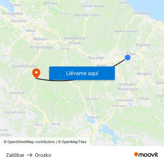 Zaldibar to Orozko map
