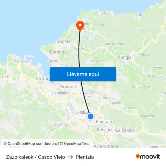 Zazpikaleak / Casco Viejo to Plentzia map