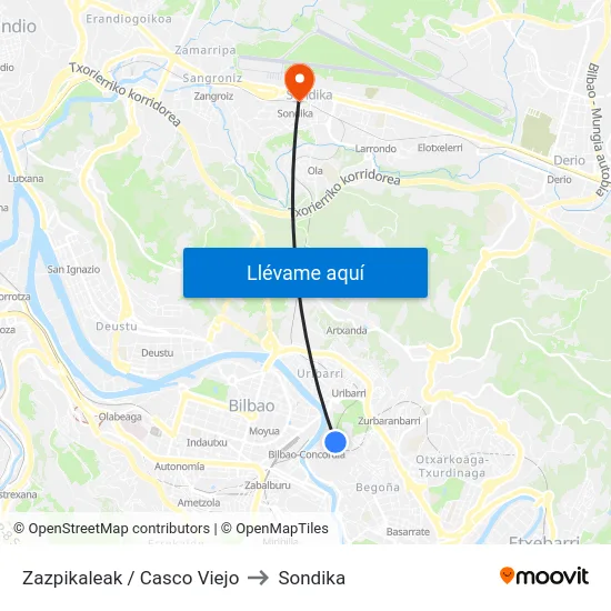 Zazpikaleak / Casco Viejo to Sondika map