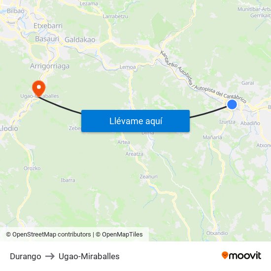 Durango to Ugao-Miraballes map