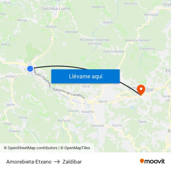 Amorebieta-Etxano to Zaldibar map