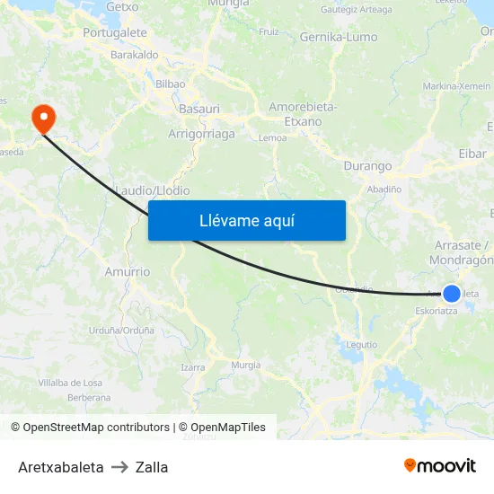 Aretxabaleta to Zalla map