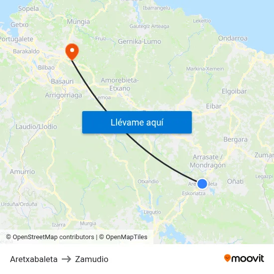 Aretxabaleta to Zamudio map
