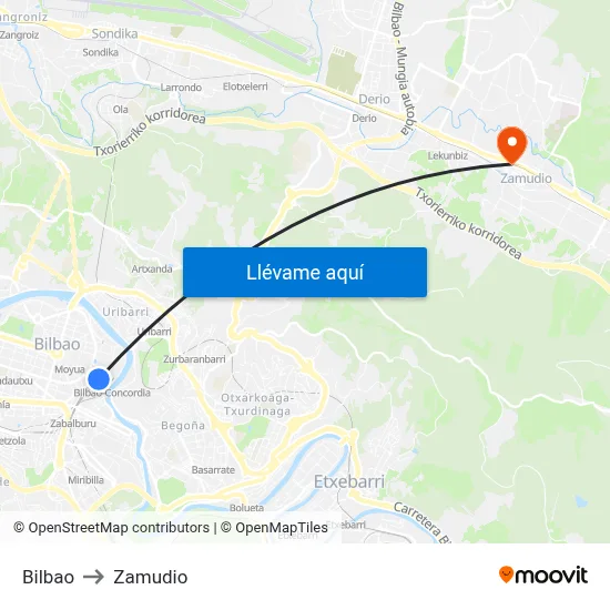 Bilbao to Zamudio map