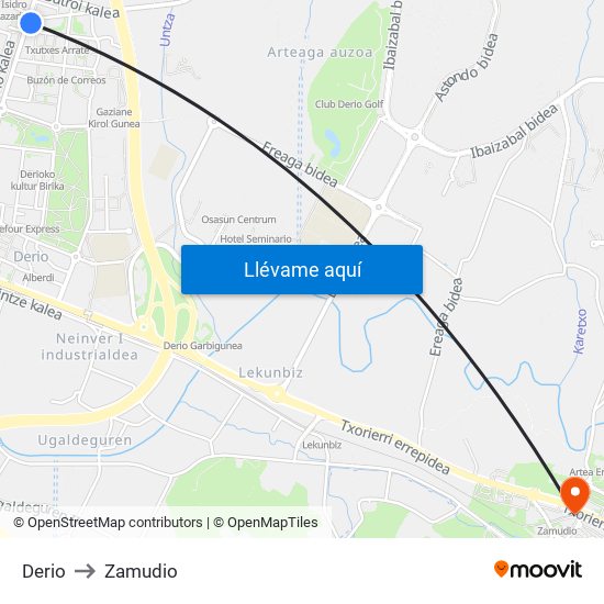 Derio to Zamudio map
