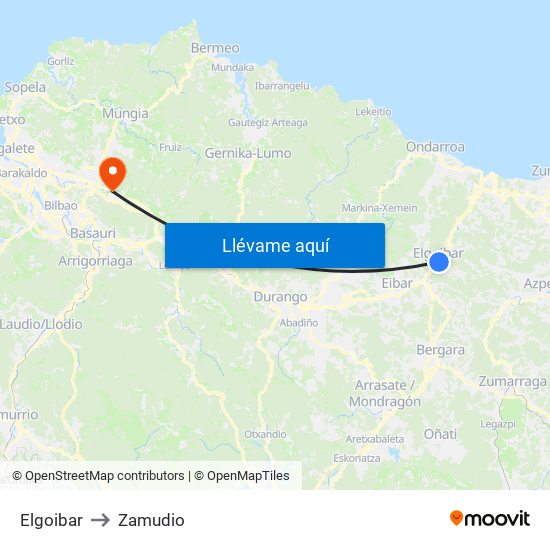 Elgoibar to Zamudio map