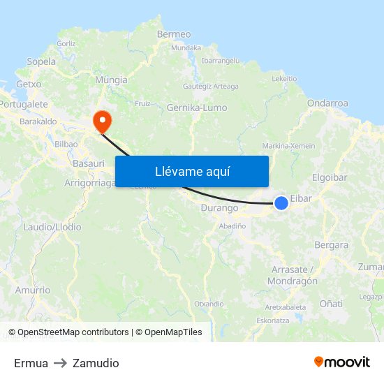 Ermua to Zamudio map