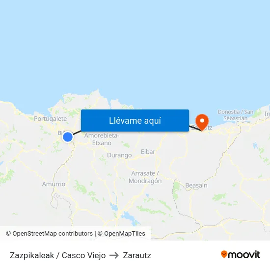 Zazpikaleak / Casco Viejo to Zarautz map