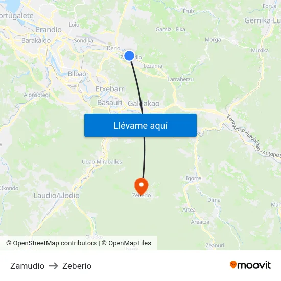 Zamudio to Zeberio map