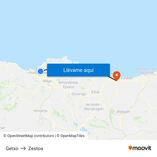 Getxo to Zestoa map