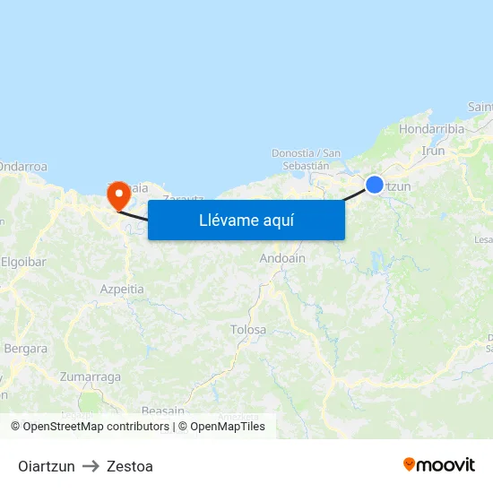 Oiartzun to Zestoa map