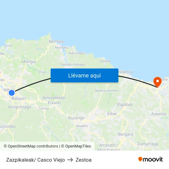 Zazpikaleak/ Casco Viejo to Zestoa map