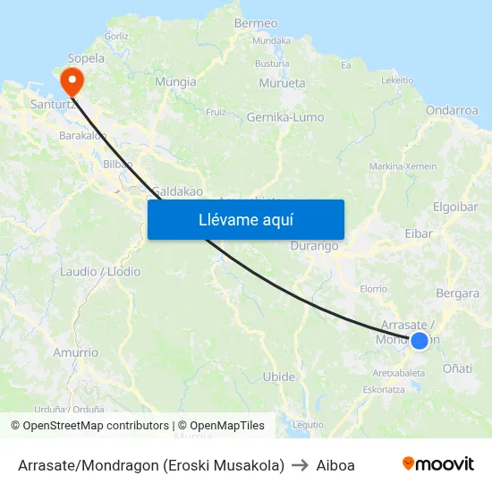 Arrasate/Mondragon (Eroski Musakola) to Aiboa map