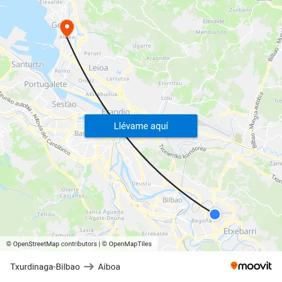 Txurdinaga-Bilbao to Aiboa map