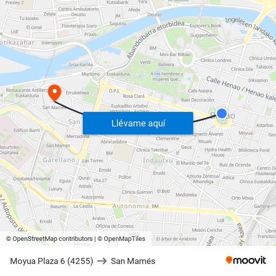 Moyua Plaza 6 (4255) to San Mamés map