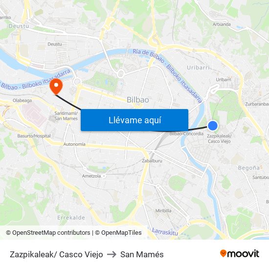 Zazpikaleak/ Casco Viejo to San Mamés map