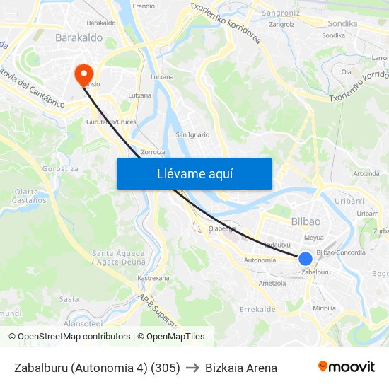 Zabalburu (Autonomía 4) (305) to Bizkaia Arena map