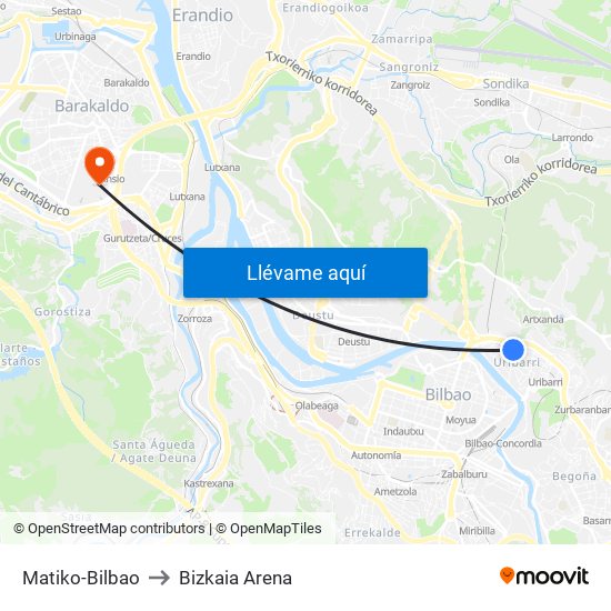 Matiko-Bilbao to Bizkaia Arena map