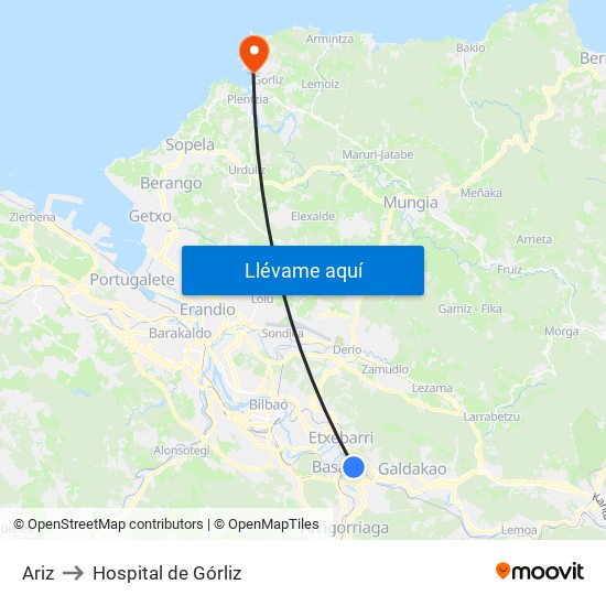 Ariz to Hospital de Górliz map