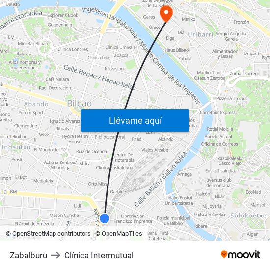 Zabalburu to Clínica Intermutual map