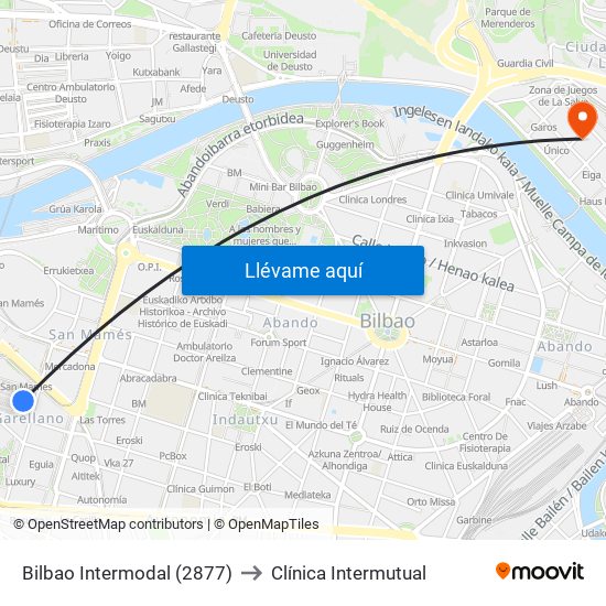 Bilbao Intermodal (2877) to Clínica Intermutual map