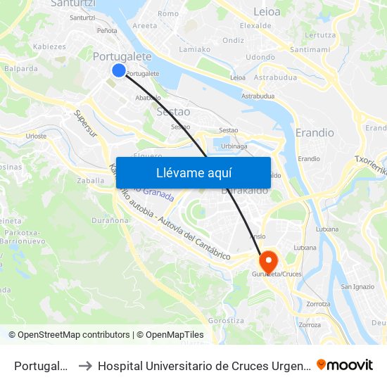 Portugalete to Hospital Universitario de Cruces Urgencias map