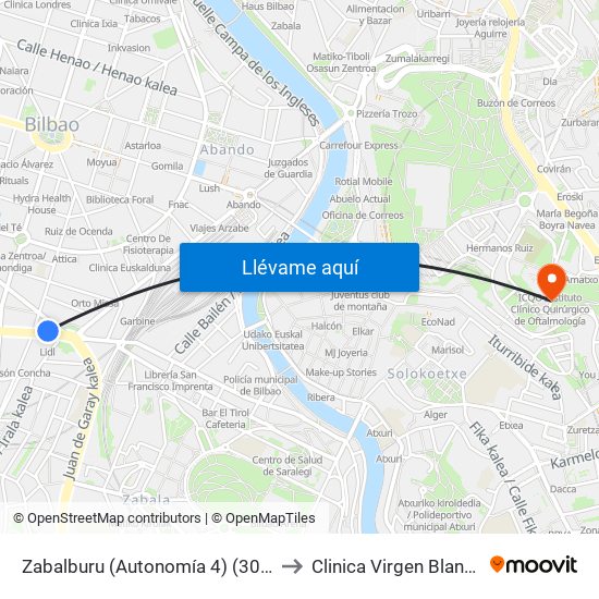 Zabalburu (Autonomía 4) (305) to Clinica  Virgen Blanca map