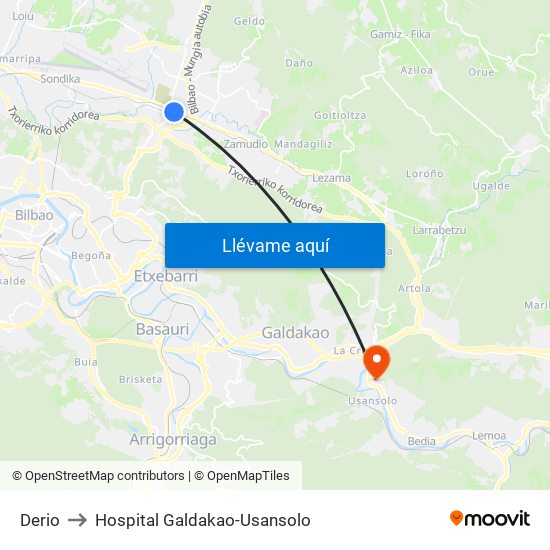 Derio to Hospital Galdakao-Usansolo map