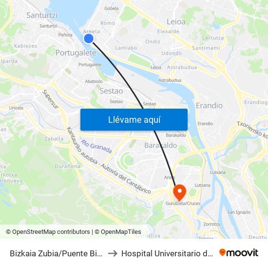 Bizkaia Zubia/Puente Bizkaia (1) to Hospital Universitario de Cruces map