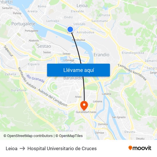 Leioa to Hospital Universitario de Cruces map