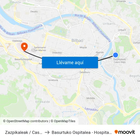 Zazpikaleak / Casco Viejo to Basurtuko Ospitalea - Hospital de Basurto map